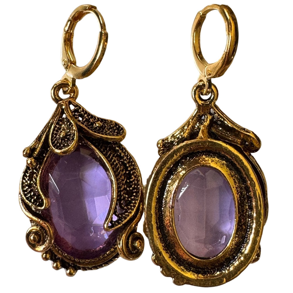 Vintage Style Gold Tone Simulated Sapphire or Amethyst Pear Shaped Earrings. - Picture 3 of 5